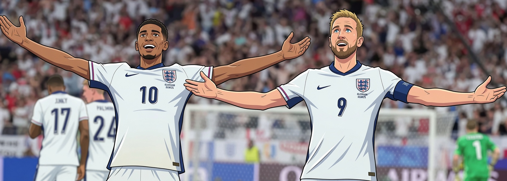 England players celebrating a goal, cartoon style
