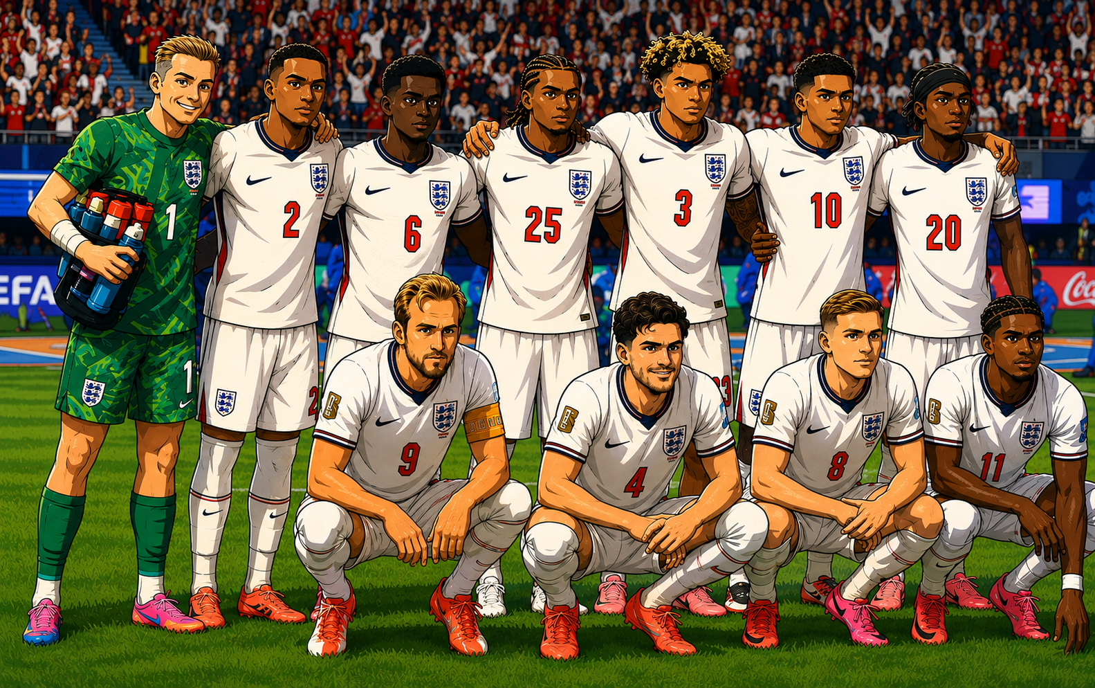 England squad lineup, cartoon style